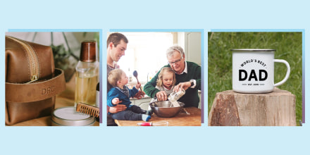 Illustration of a Multi-generation family spending time together for Father's Day, a World's Best Dad Mug and a personalized shaving kit set