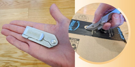 Illustration of a hand holding a pocket box opener knife and someone opening a box with it. The Gerber EAB pocket knife makes box-cutting and box-opening easy and safe. Learn why I love the Gerber EAB folding utility knife and where you can buy it.