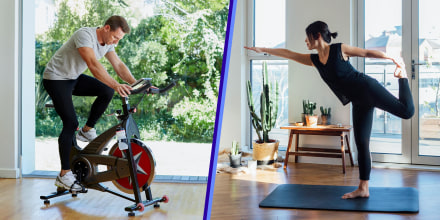 Split of a Young woman doing yoga exercise at home and Man working out on exercise bike at home. Shop fitness deals from Amazon Prime Day 2021 for all your workout needs on home gym equipment like treadmills and stationary bikes, activewear and more.