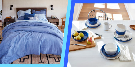 Two images of a bedroom and kitchen from the new Walmart and Gap Home Collaboration. The groundbreaking Gap Home collection is available exclusively at Walmart. The Gap home goods line includes sheets, pillows, plates, bath items and more.