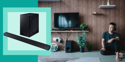 Illustration of Man listening to sound bar speakers in his home and the Samsung HW-T650 3.1-Channel Sound Bar