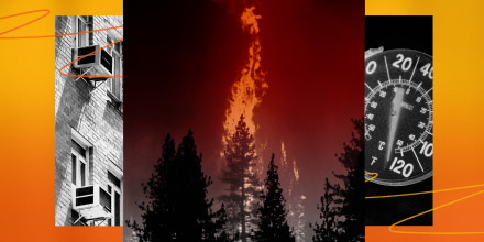 Illustration of air conditioners, trees on fire in California, and a temperature gauge showing over 120 degrees Fahrenheit.