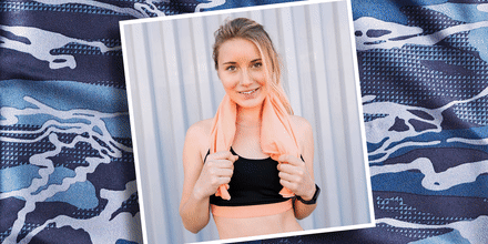 Smiling woman in bra top holding towel around neck while standing against wall and a GIF of different cooling fabrics behind her