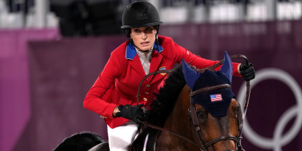 United States' Jessica Springsteen, riding Don Juan van de Donkhoeve in a jump-off during the equestrian jumping team final.