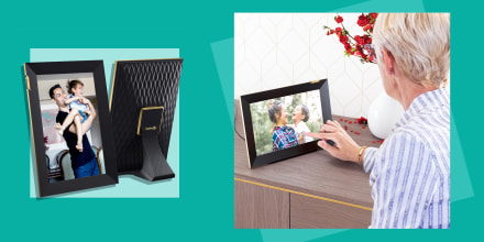 Image of a touchscreen Nixplay Picture Frame and a woman using the touchscreen picture frame. Check out the Nixplay 10.1-inch digital smart photo touchscreen frame. See how the new frame can still be controlled through the Nixplay app, your phone and more