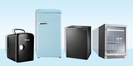 Illustration of four mini fridges in different colors and shapes