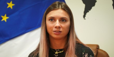 Belarusian sprinter Krystsina Tsimanouskaya attends an interview with Reuters in Warsaw