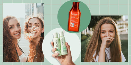 Illustration of two red-headed sisters with frizzy hair, a Woman with messy hair and two different types of frizz free products. Learn what causes frizzy hair and check out the best shampoos, conditioners, sprays and more anti-frizz products for fine hair