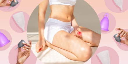 Illustration of different color and shapes of menstrual cups, and a Woman sitting holding a pink menstrual cup