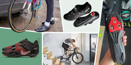Illustration of a man cycling indoors, a person cycling outdoors, someone holding a pair of spin shoes with delta clip-ons, a pair of Nike SuperRep Cycle and a pair of Sidi Genius 10 spin shoes