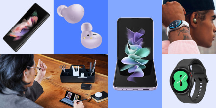 Illustration of the new Samsung Watch, Samsung phone phones and headphones, a Man using the new Samsung phone that folds and a Man with the new Samsung watch