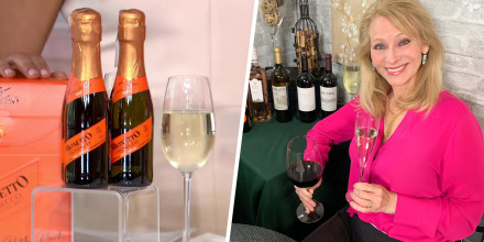 Image of Leslie Sbrocco on broadcast and two bottles of white wine