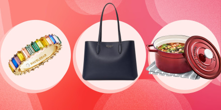 Illustration of three products. A BaubleBar ring, a Martha Stewart cookware pot in red from Macy's and a large Kate Spade tote
