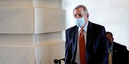 Image: Senator Dick Durbin, D-Il., arrives to the U.S. Capitol on Aug. 8, 2021.