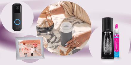 GIF Illustration of someone pouring coffee into a W&P insulated bottle, the new SodaStream, Aura smart photo frame and the Ring Doorbell camera