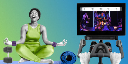 Illustration of a Woman sitting on a yoga mat with Bala weights on her wrists and a weight by her legs, and a close-up view of the NordicTrack S22i Studio Cycle bike