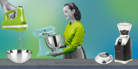 Illustration of a hand holding a Kitchen Aid Mixer, a Woman holding a standing mixer, and a coffee cup next to a coffee grinder