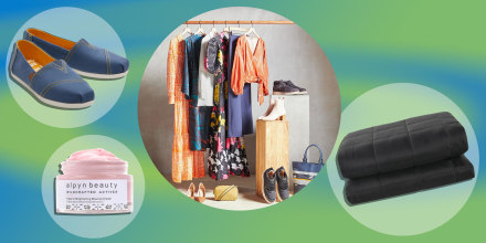 Illustration of Tom's shoes designed in collaboration with Wildfang, Gravity Blanket in black, Alpyn Beauty launches Triple-C Brightening Bounce Cream and a rack of clothes from Such Fix