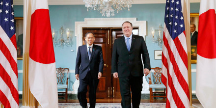 Secretary of State Mike Pompeo and Japanese Chief Cabinet Secretary Yoshihide Suga prepare to hold talks in Washington on May 9, 2019.