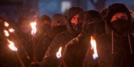 Members of nationalist organizations take part in a torch ceremony commemorating Bulgarian General Hristo Lukov in Sofia on Feb. 13, 2021.