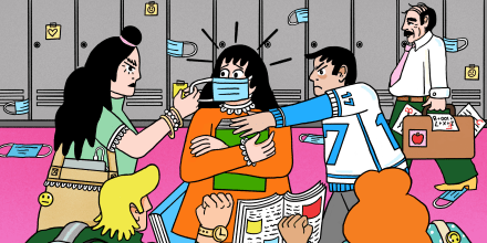 Illustration of a teenage girl wearing a mask being bullied by other maskless students in a school hallway as a maskless teacher walks by.