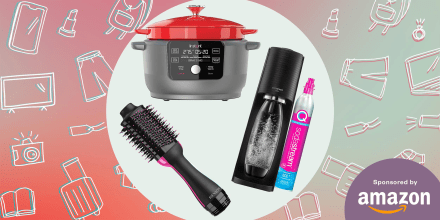 Illustration of a Instant Dutch Oven, Revlon One Step in black and a SodaStream on sale for cyber Monday on Amazon