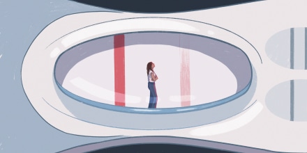 Illustration of a woman in a pregnancy test window, waiting for a second line to appear.