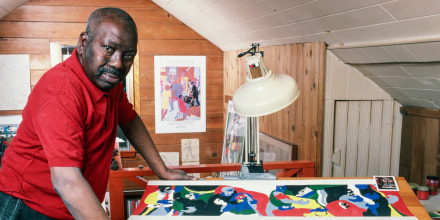 Jacob Lawrence poses in his Seattle studio.