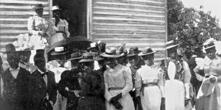 Image: African Americans posed outside of church.