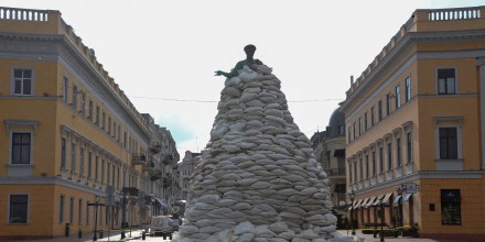 Image: Monument of city founder Duke de Richelieu is seen covered with sand bags for protection in Odessa