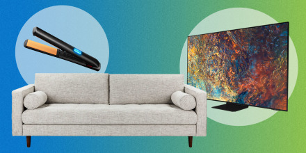 Illustration of the CHI Original 1-inch Digital Ceramic Iron, Article Sven Sofa and  Samsung 55-Inch Class QN90A Neo QLED 4K Smart TV on sale for Memorial Day Weekend
