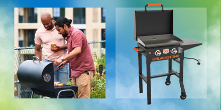 Illustration of a Blackstone On-The-Go 22-Inch Cart Griddle W/ Hood and two guys using a BBQ