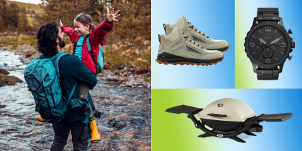 Illustration of shoes, grill and a watch and a dad and daughter outside hiking