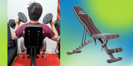 Split image of Flybird and writer lifting weights on the Flybird bench
