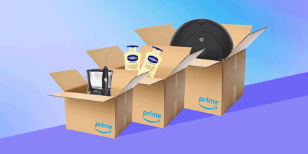Illustrated GIF of products popping out of a Amazon Prime Box