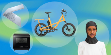 Woman wearing the Lululemon hijabs, Dell XPS 13 laptop, electric bike from REI in yellow and the HomeCHEF 7-in-1 Compact Oven