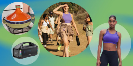 Illustration of someone wearing hiking gear, tribute speaker, On-Running Bra and a Tagine from Our Place