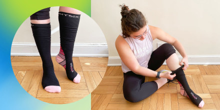 Image of Woman sitting on floor putting on compression socks and image of her standing up