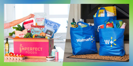 Split image of a box from Imperfect Foods and three bags from Walmart