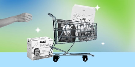Illustration of a hand grabbing a cart filled with products