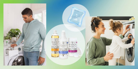 Mother and child girl little helper loading washing machine, Man putting detergent in and laundry products