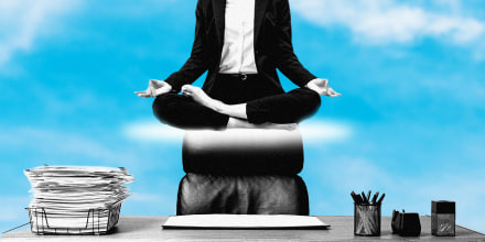 Photo illustration: Partial view of a woman in a suit levitating above a work desk against the sky in the background.