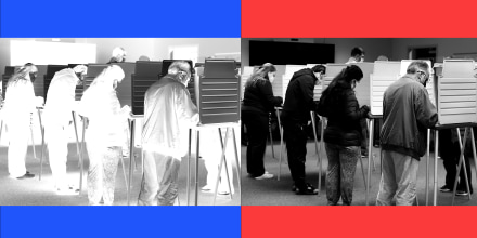 Photo illustration: An inverted image of voters casting ballots at the Fairfax County Government Center on a blue background and the actual image repeated on a red background.