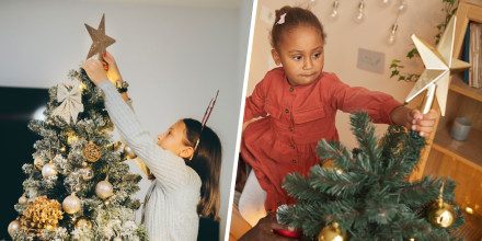 Two Images of girls putting on a Christmas tree topper