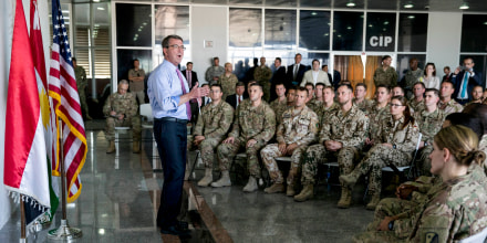 Defense Secretary Ash Carter talks to multinational troops at the Irbil International Airport on July 24, 2015, in Irbil, Iraq.