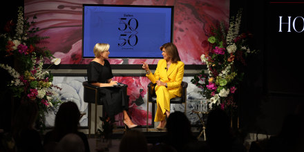 Know Your Value founder and "Morning Joe" co-host Mika Brzezinski, chats with "TODAY' co-anchor Hoda Kotb at a "50 Over 50" event in New York City on Thursday.