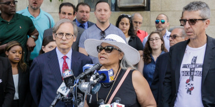 Maria Velazquez speaks at a press conference after the Manhattan District Attorney's Office denies her son's petition for innocence in 2013.