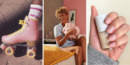 Woman hugging her Hugget pillow from Bearby on a bed, a pink roller skate and a hand holding nail polish with painted nails