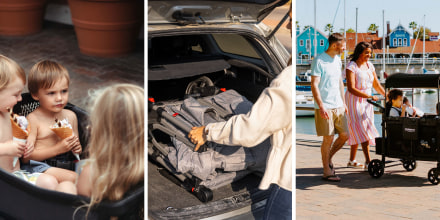 Three images of different kids wagons