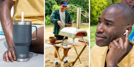 Man using an Ooni pizza oven and a man using AirPods in his ear outside